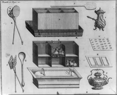 [Utensils of the officer de bouche" where ice cream or ices were kept in wooden ice buckets while waiting service and different moulds]"