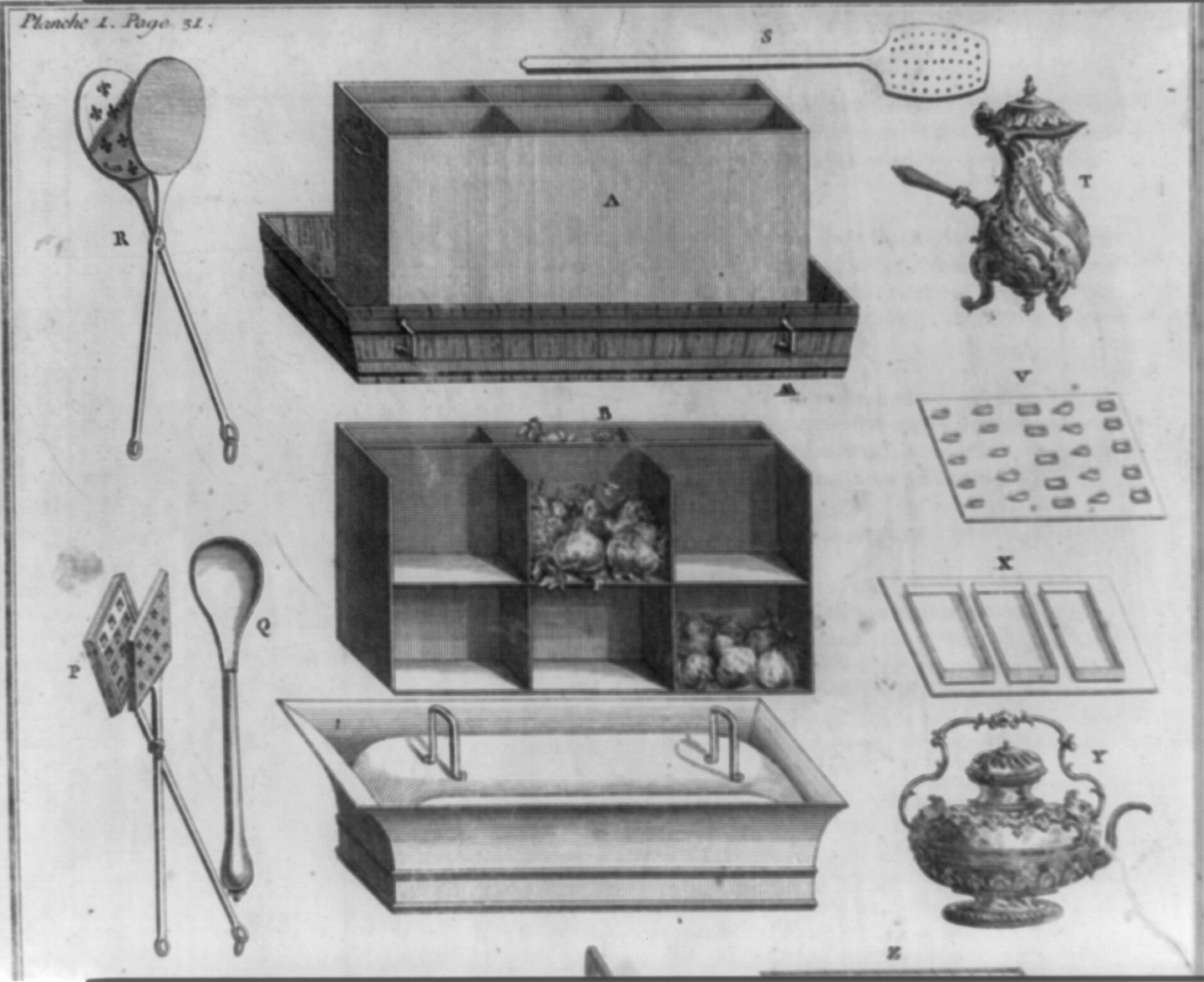 [Utensils of the officer de bouche" where ice cream or ices were kept in wooden ice buckets while waiting service and different moulds]", Illus. in TX783.G48 1768 [Rare Book RR] — historic print