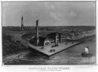 Milwaukee water works. Engine house, water tower & reservoir