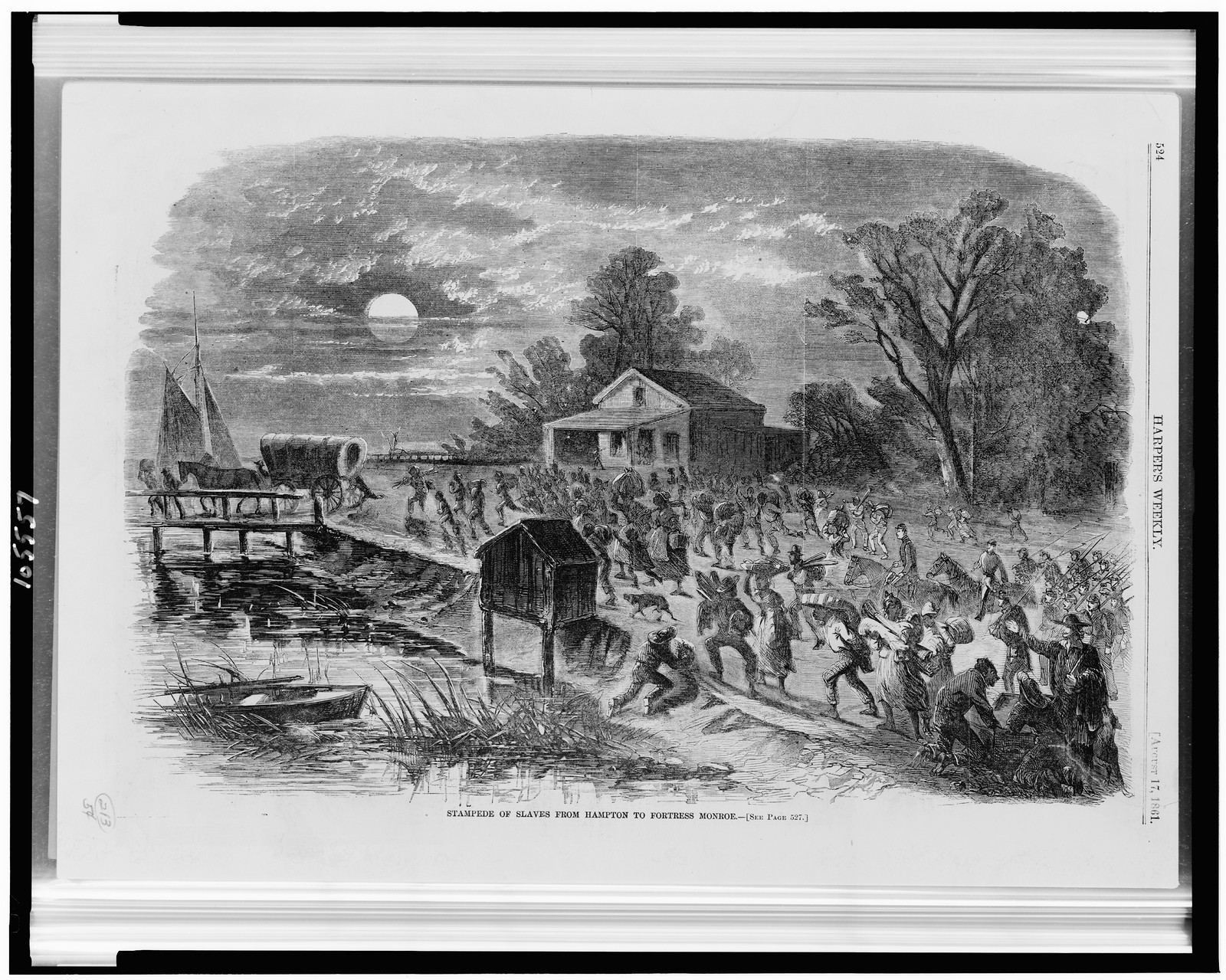 Stampede of slaves from Hampton to Fortress Monroe, 1861 — antique engraving