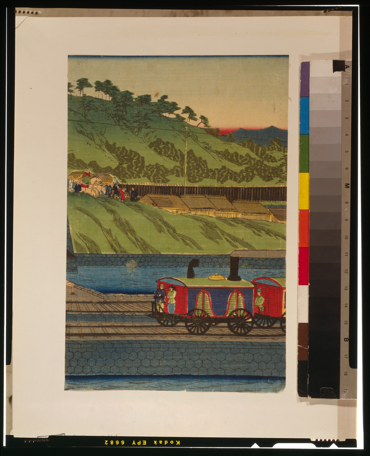 Tokyo Takanawa kaigan jokisha tetsudo hashiriyuki no sen zuTITLE TRANSLATION:Steam train at Takanawa seashore Tokyo., 1872 — historic print