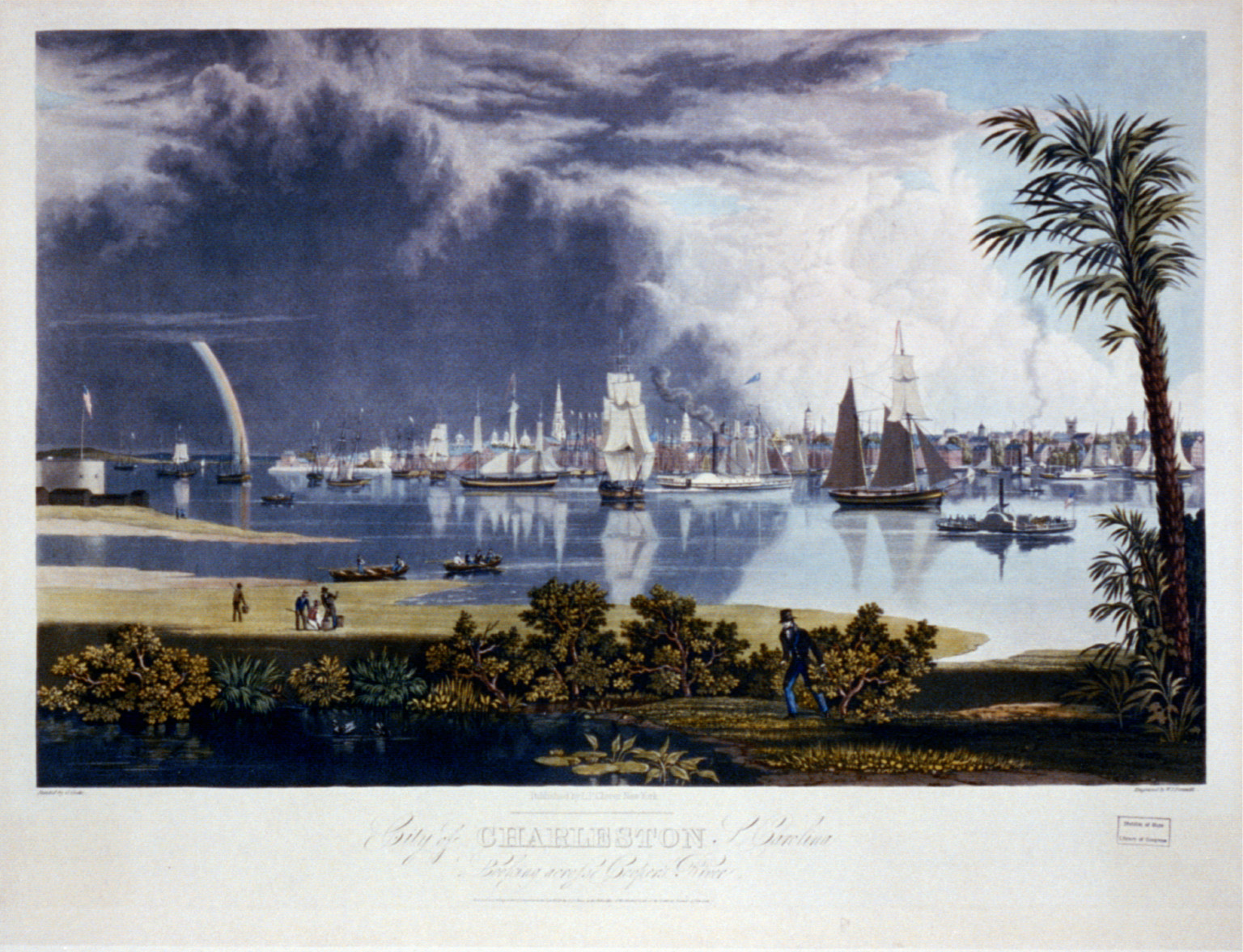 City of Charleston, South Carolina, looking across Cooper's River / painted by G. Cooke ; engraved by W.J. Bennett., New York : L.P. Clover, c1838. — antique engraving