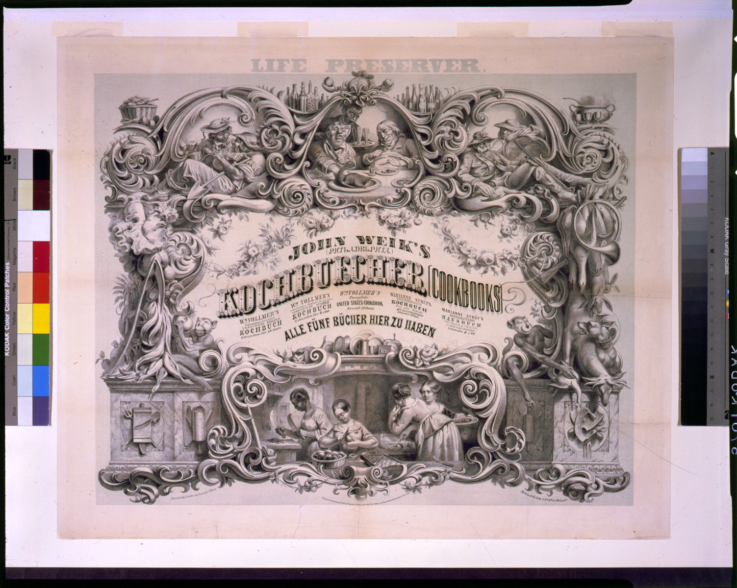 Life preserver. John Weik's (Philadelphia) Kochbuecher [cookbooks] ... Alle fünf Bücher hier zu haben / invented and drawn on stone by J. Nissle ; Herline & Co. lith., Philada., c1856. — antique lithograph