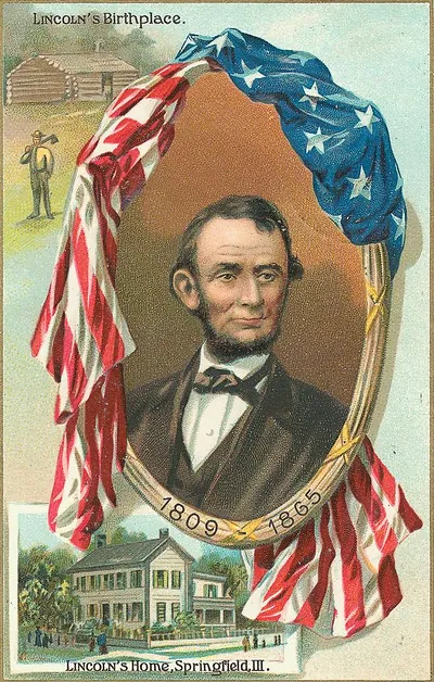 Lincoln's Birthplace and Home, Lincoln portrait trade card with flags