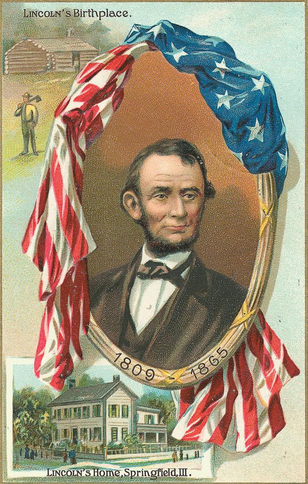 Lincoln's Birthplace and Home, Lincoln portrait trade card with flags — historic image