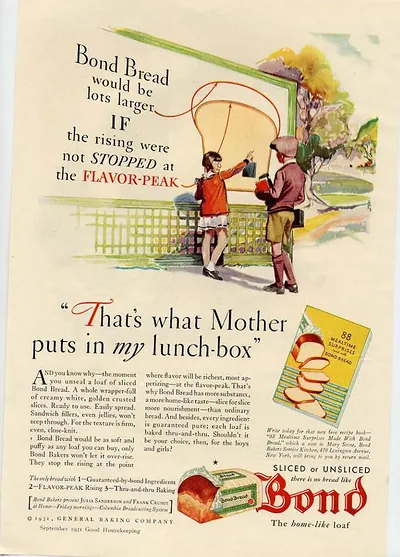 Bond Bread advertisement with children at lunch-box, 1931