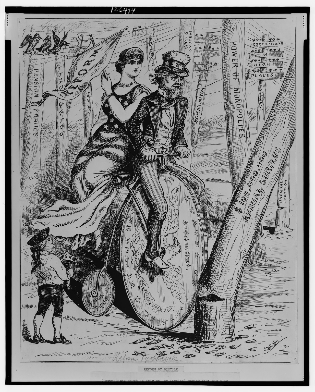 Reform by bicycle, [1884?] — historic drawing