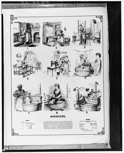 Wringers: nine numbered illustrations of washing and wringing machines