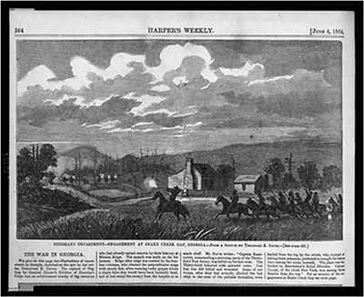 Sherman's department - engagement at Snake Creek Gap, Georgia / from a sketch by Theodore R. Davis.