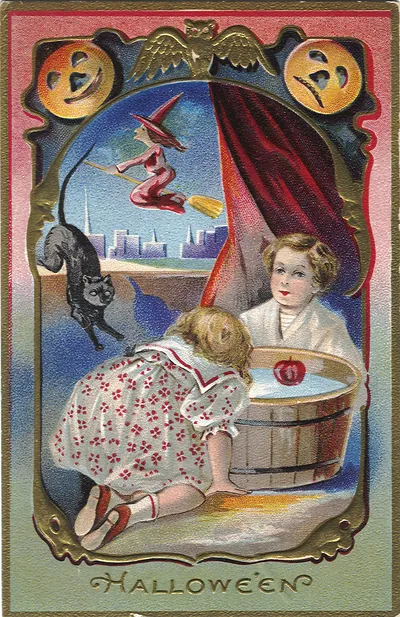 Halloween postcard with witch, black cat, and apple bobbing