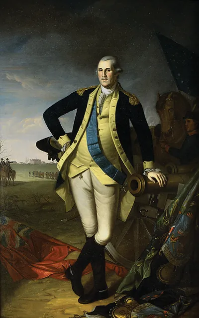 George Washington standing beside cannon and flags, painted portrait