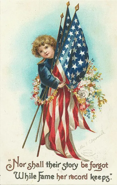 Child holding American flags with patriotic verse