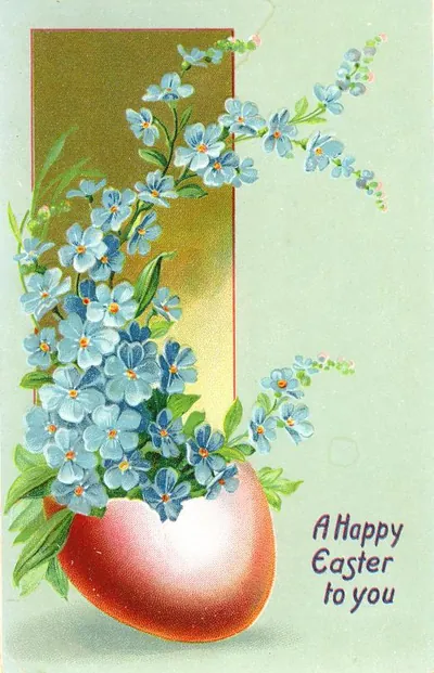 Easter greeting card with blue forget-me-nots in cracked egg