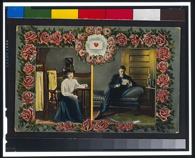 [Postcard, addressed to Miss Nellie Bonjour, Chapin, Iowa, showing two frames surrounded by roses, woman sitting by telephone in one frame and man reading letter by telephone in other frame]