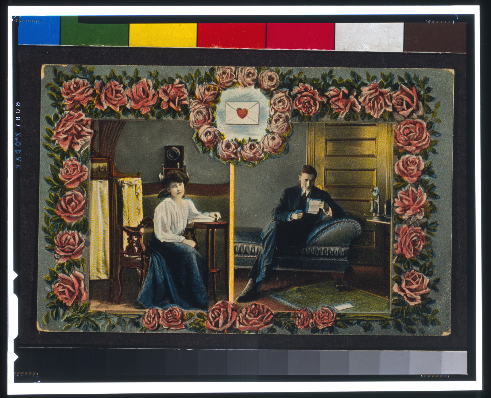 [Postcard, addressed to Miss Nellie Bonjour, Chapin, Iowa, showing two frames surrounded by roses, woman sitting by telephone in one frame and man reading letter by telephone in other frame], [between 1900 and 1910(?)] — vintage postcard