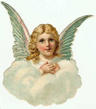 Die-cut Victorian angel with golden curls on clouds