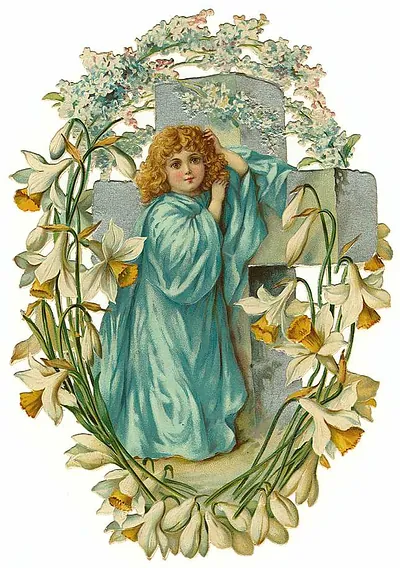 Curly-haired child in blue robe amid daffodils and snowdrops
