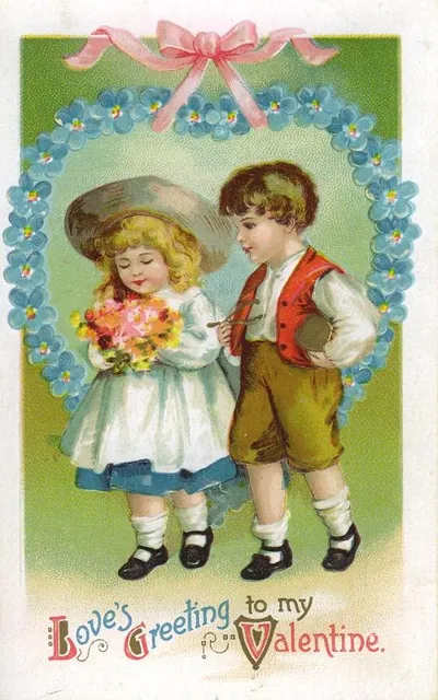 Love's Greeting to My Valentine, children with forget-me-not heart
