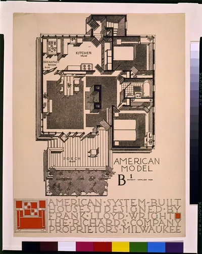 American Model B1 American System-Built House Floor Plan by Frank Lloyd Wright