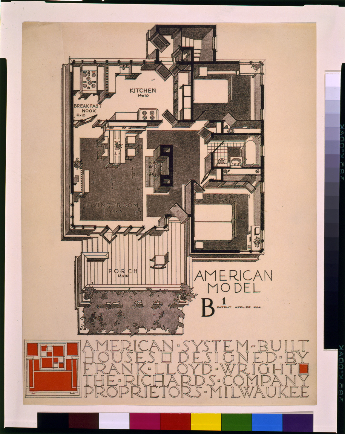 American Model B1 American System-Built House Floor Plan by Frank Lloyd Wright — historic image