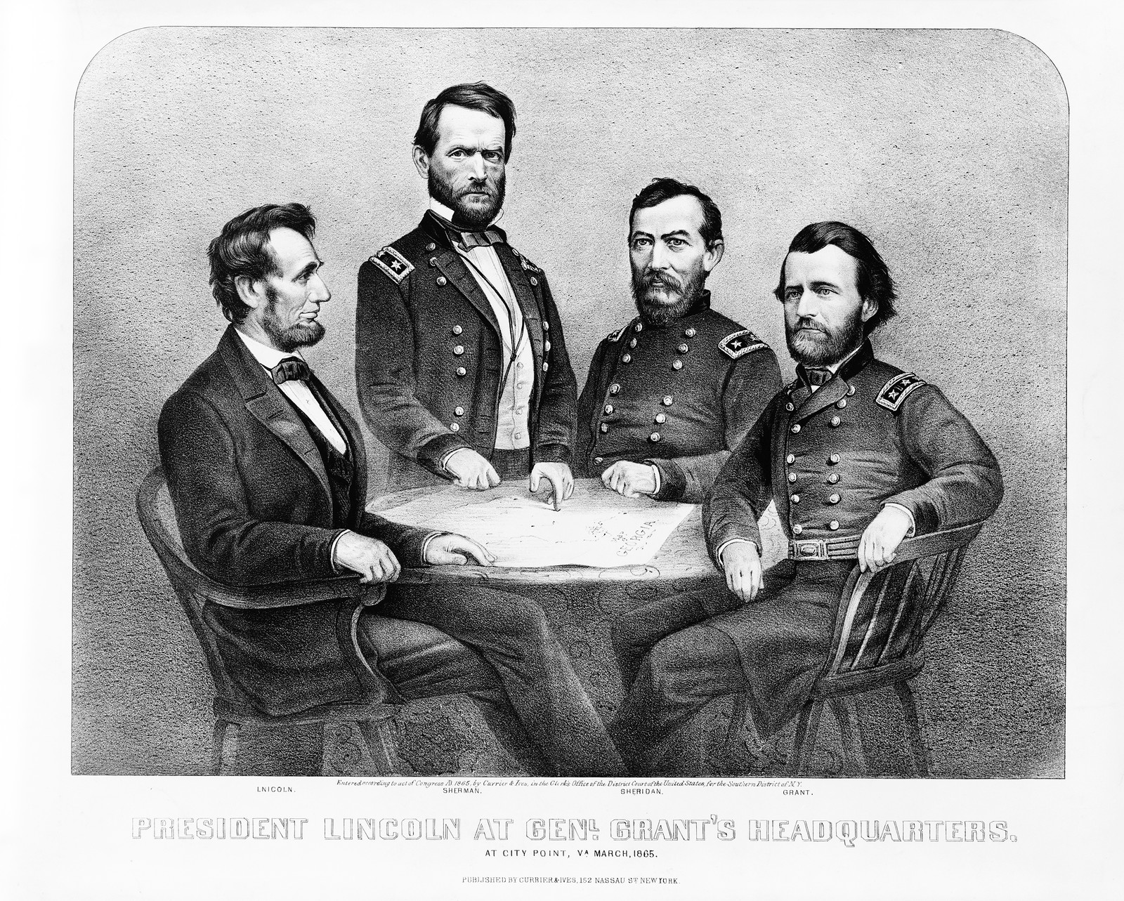 President Lincoln at Genl. Grant's headquarters, New York : Published by Currier & Ives, c1865. — antique lithograph