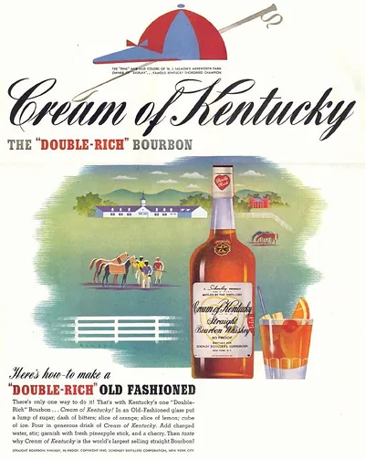 Cream of Kentucky Double-Rich Bourbon advertisement with racehorses