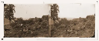 Gettysburg Pennsylvania. View of breastworks on Round Top