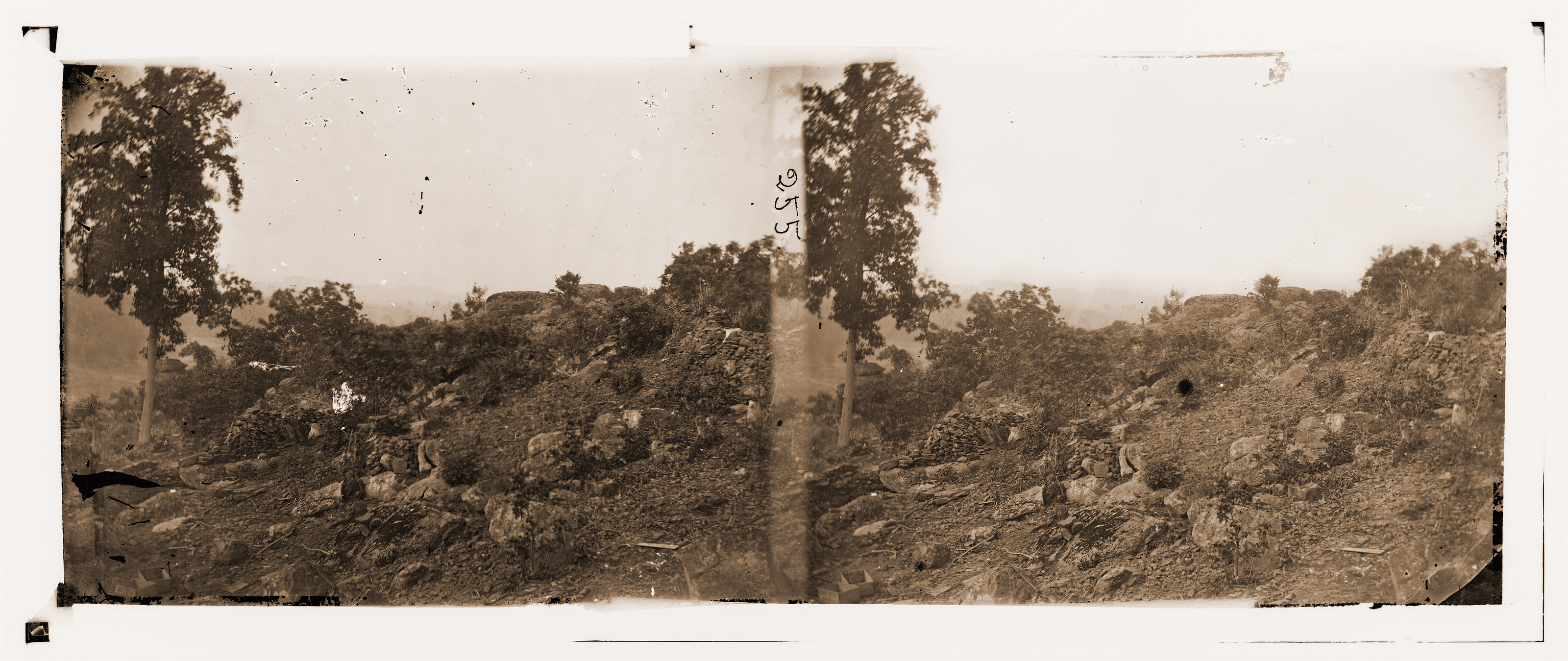 Gettysburg Pennsylvania. View of breastworks on Round Top, 1863 — historic photograph