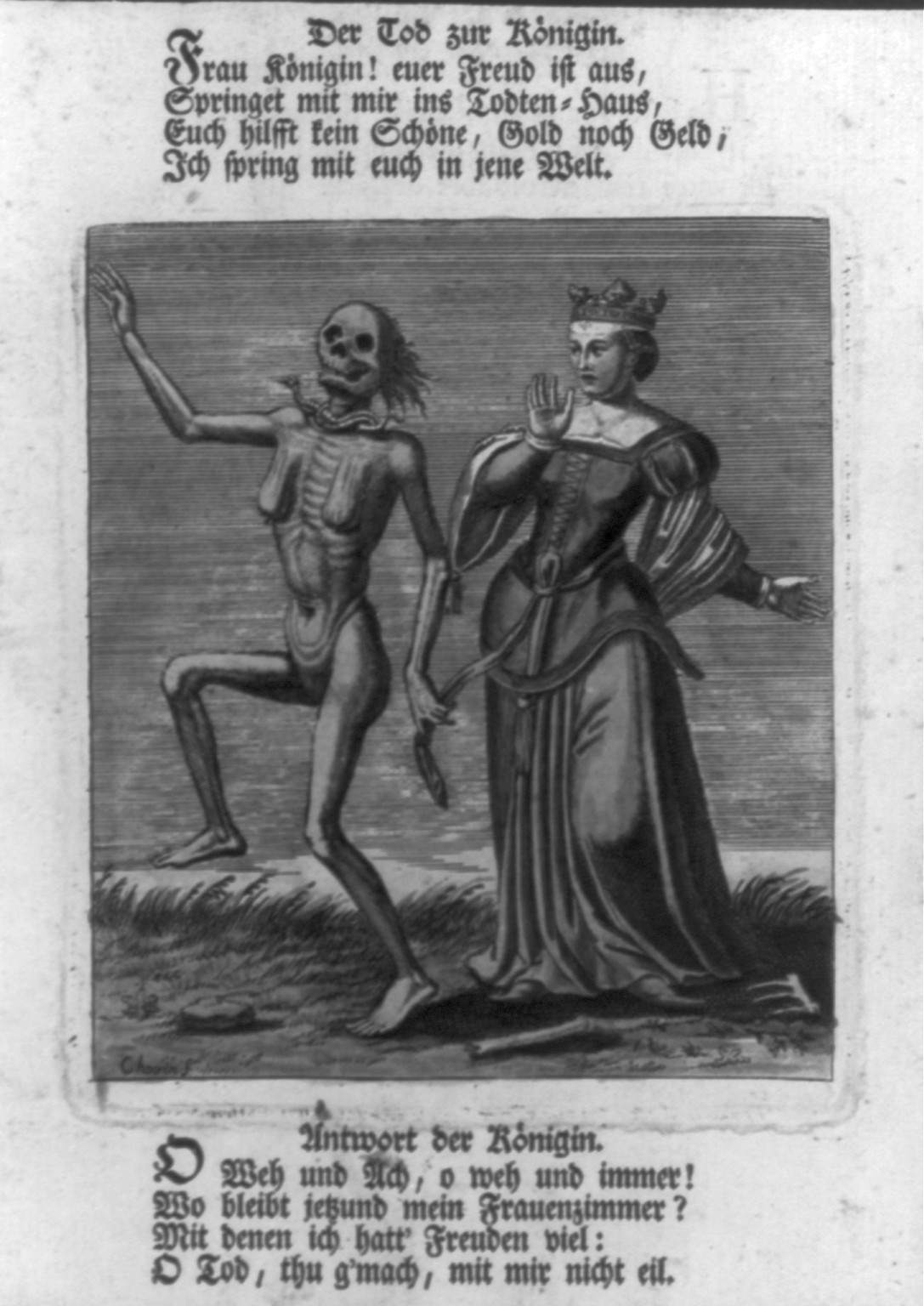 Der Tod zur Königin. Frau Königin! euer Freud ist aus, springet mit mir ins Todtenhaus, ... / Chovin s. — antique engraving