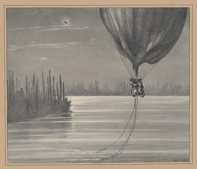 Balloon drifting over a river beside a row of poplars