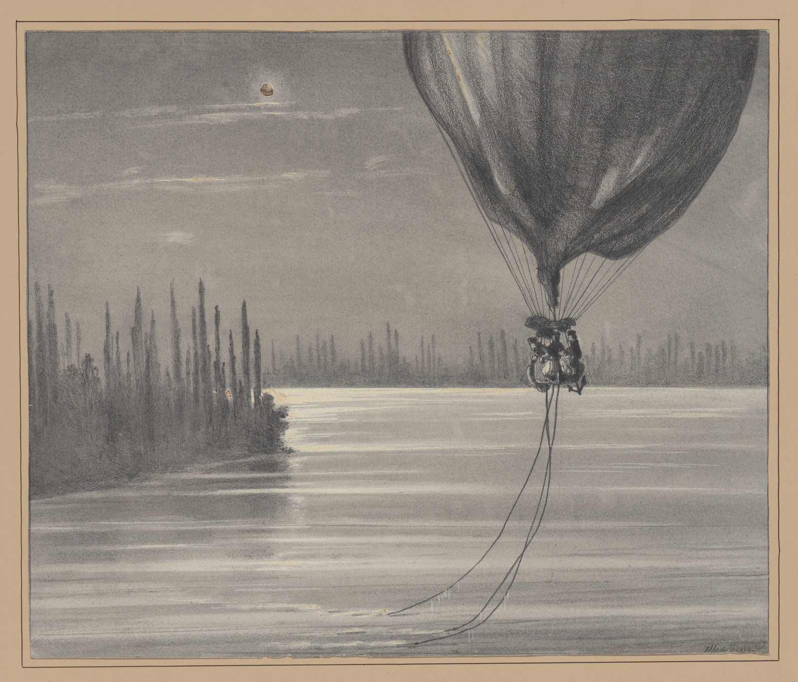 Balloon drifting over a river beside a row of poplars — historic image