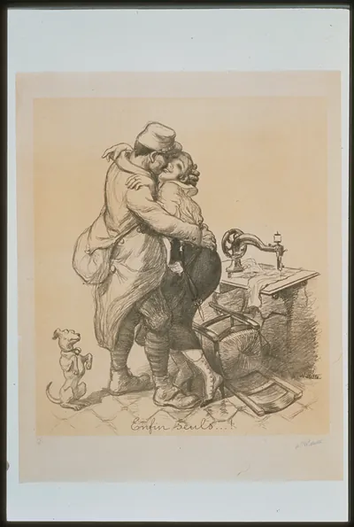 Enfin seuls...! Soldier embracing figure beside sewing machine, with dog