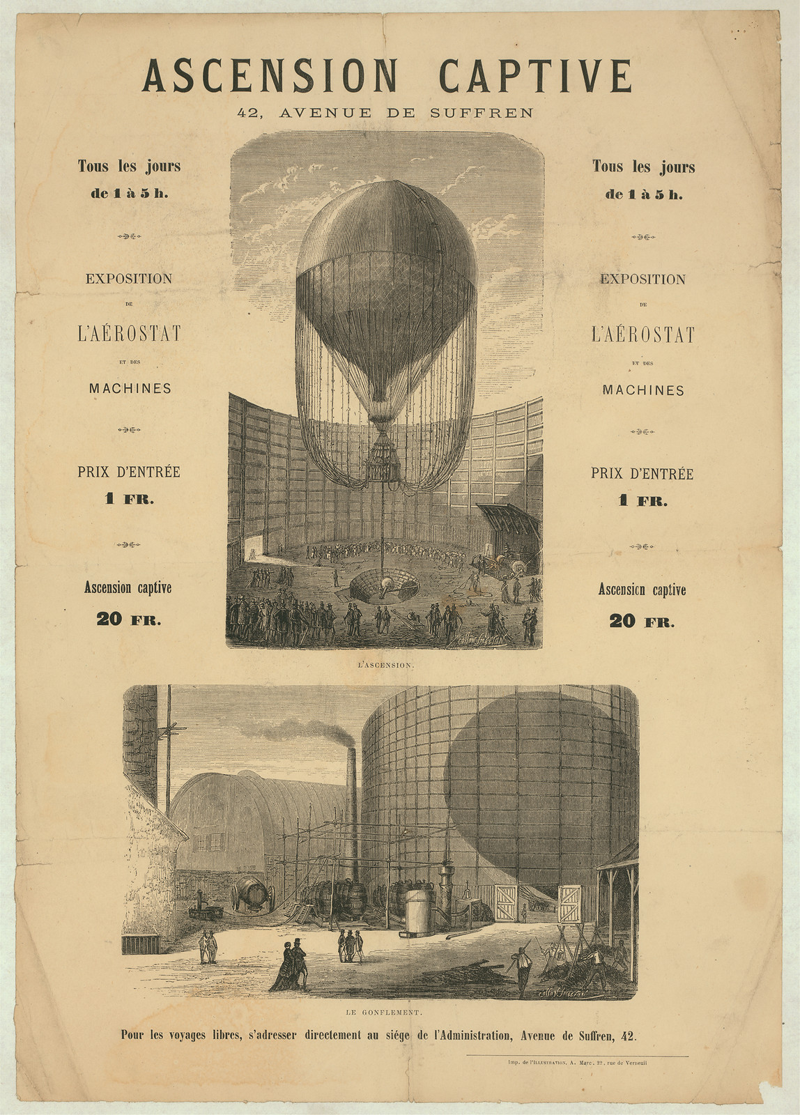 Ascension captive, 42 Avenue de Suffren: captive balloon poster — vintage poster