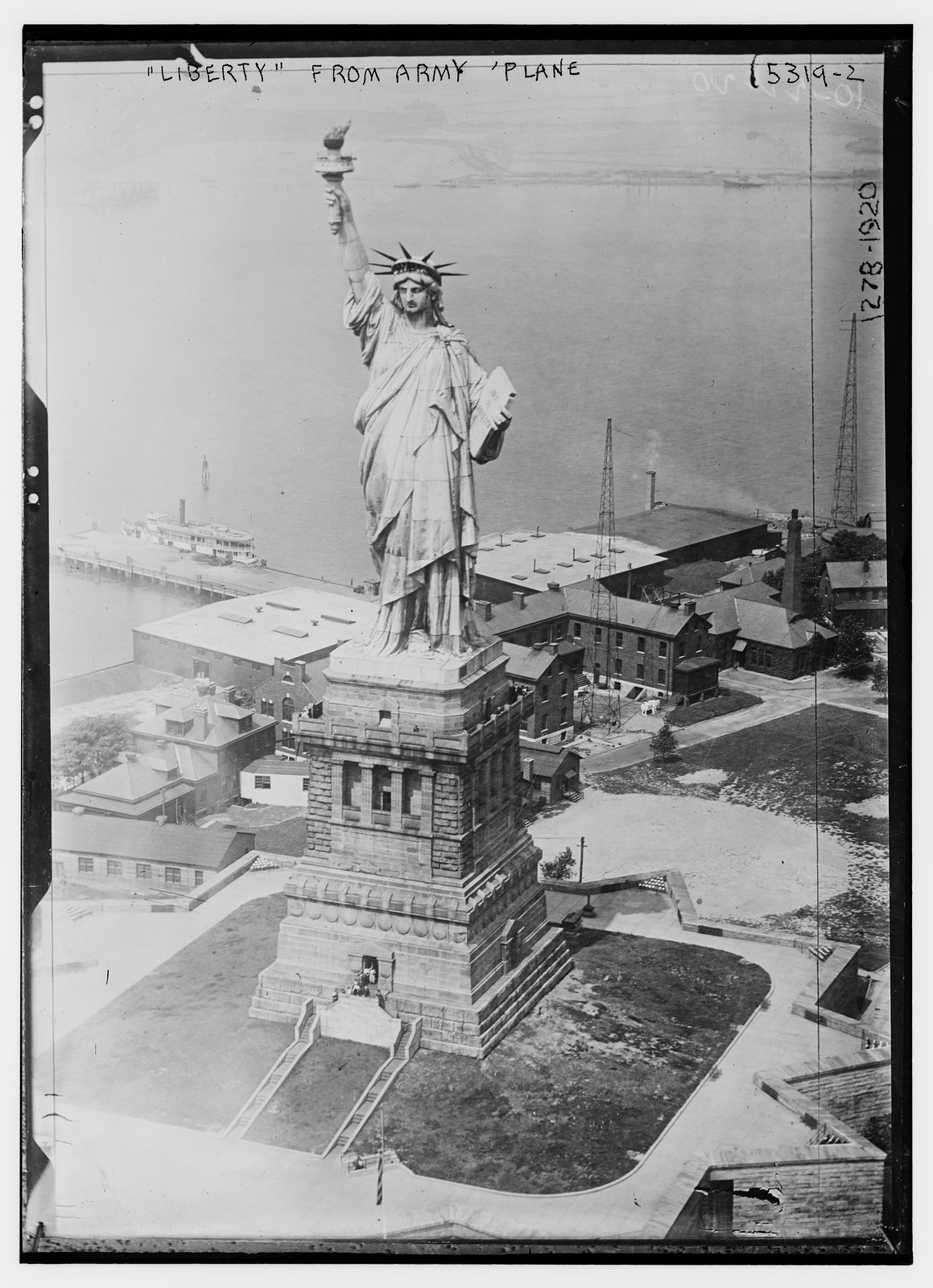 Statue of Liberty from army plane, n/a — historic photograph