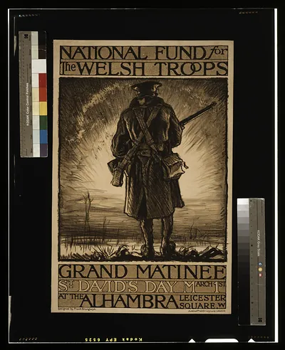 National fund for the Welsh troops. Grand Matinee St. Davids day March 1st at the Alhambra Leicester Square W. / designed by Frank Brangwyn Avenue Press Drury Lane London.