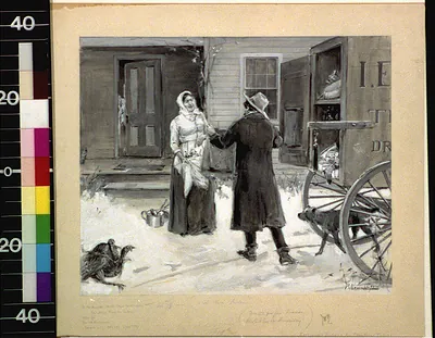 Man and woman by a wagon in snow, with a turkey