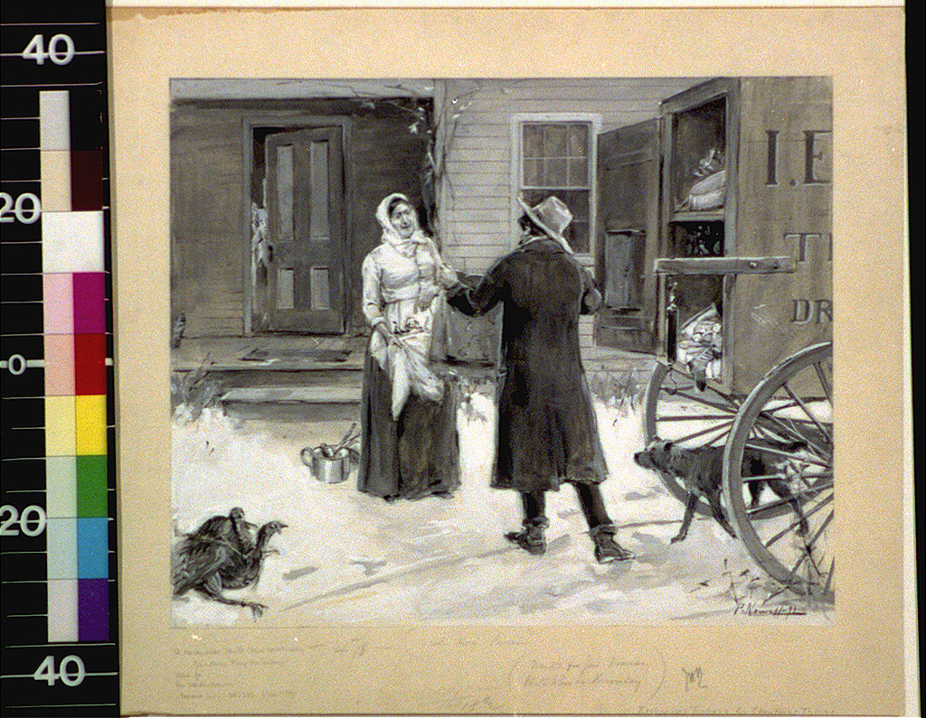 Man and woman by a wagon in snow, with a turkey — historic image