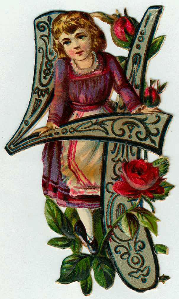 Die-cut scrap of a girl on a decorated letter A with roses — historic image