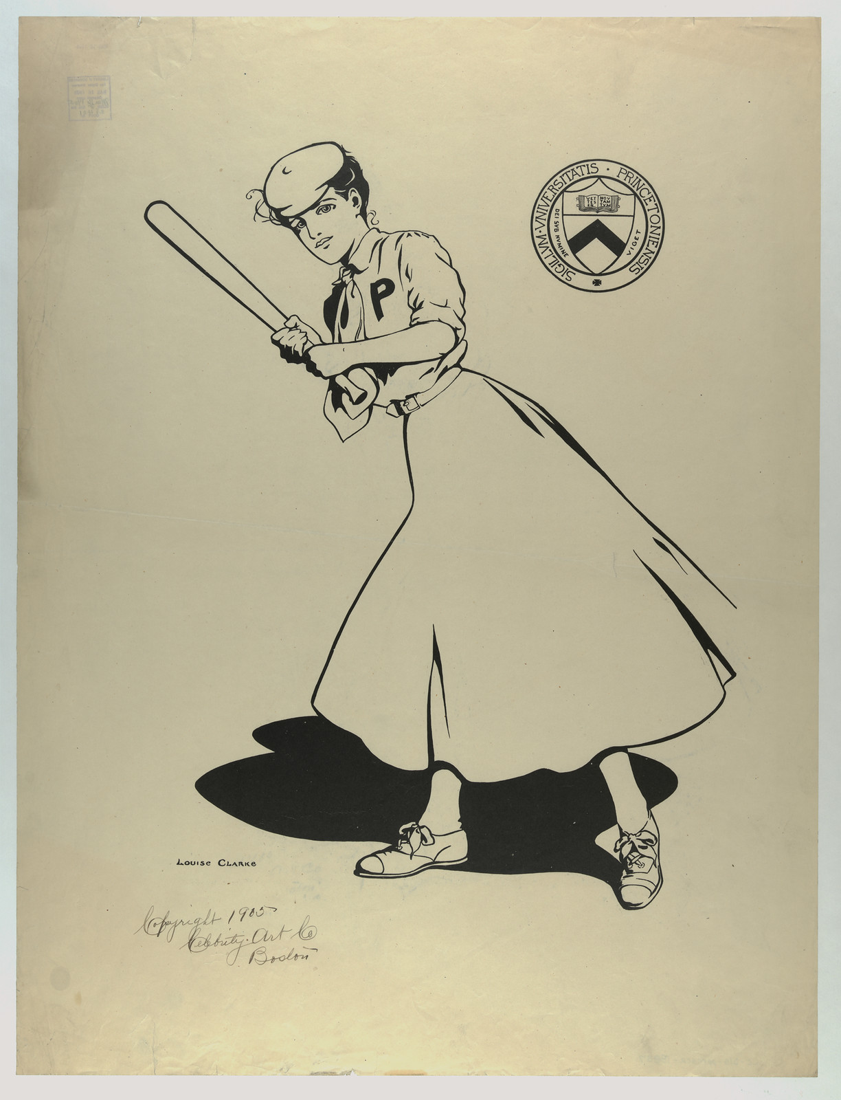 Woman baseball player in Princeton sweater, drawing by Louise Clarke — historic drawing
