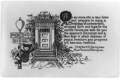 [Christmas card designed for mailing by the Berryman family, showing Berryman's teddy bear on lamp post, indicating address of their new home]