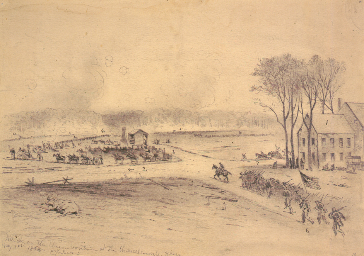 Attack on the Union position at the Chancellorsville House / E. Forbes., 1863 May 10. — historic drawing