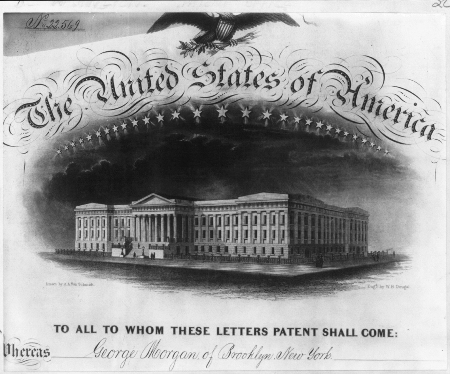 [U.S. Patent Office letterhead, with illus. of Patent Office building] — historic photograph
