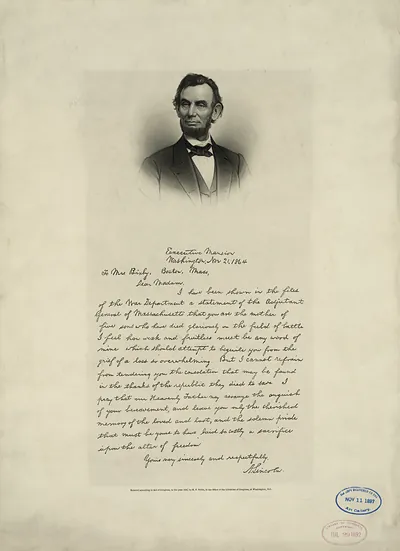 Letter From Abraham Lincoln To Mrs. Bixby With Bust-Length Portrait Of Lincoln