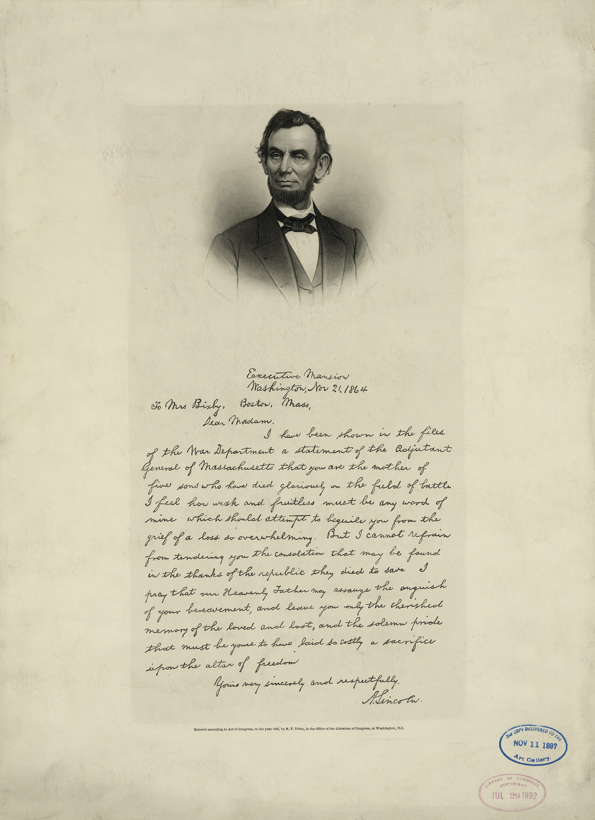 Letter From Abraham Lincoln To Mrs. Bixby With Bust-Length Portrait Of Lincoln, c. 1891 — antique lithograph