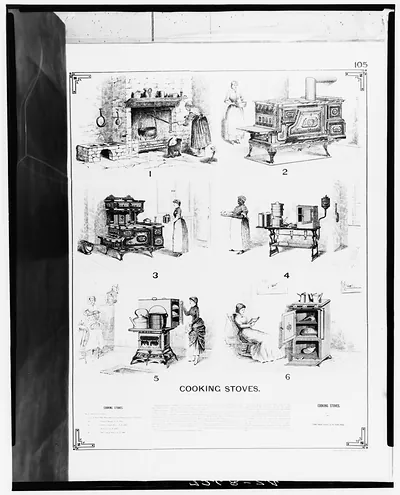 Page of cooking stove illustrations titled Cooking Stoves