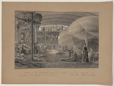 Atelier de Mr. Lachambre, balloon workshop with onlookers, 1883