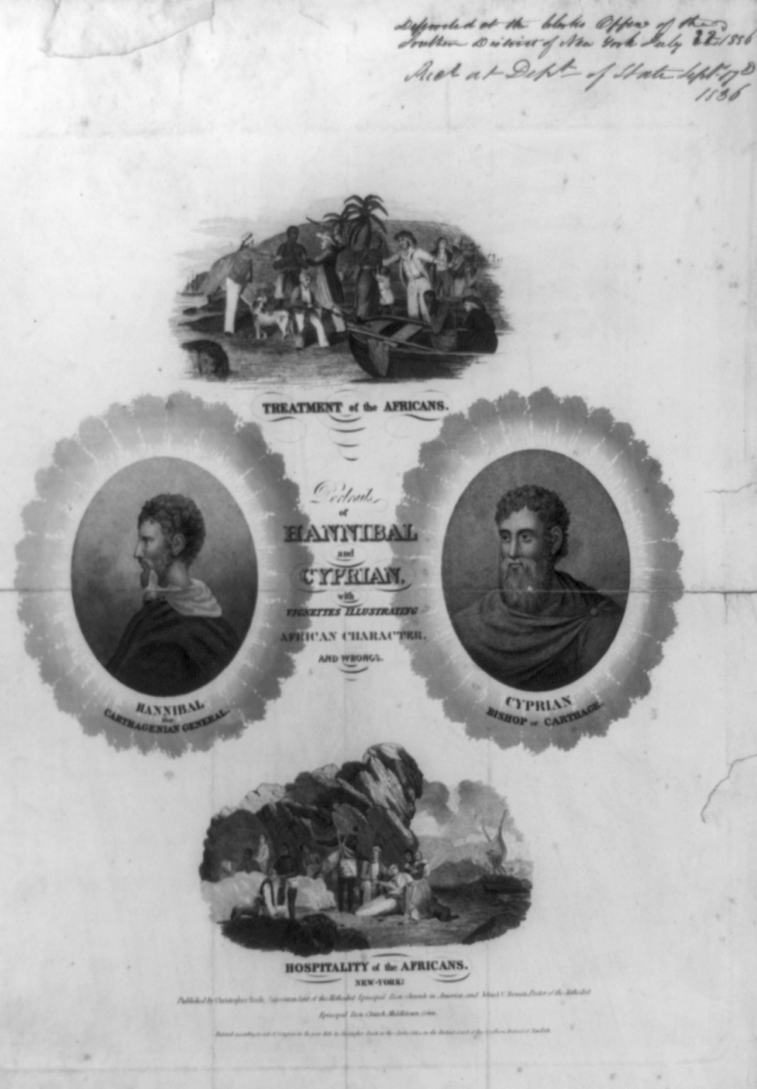 Portraits of Hannibal and Cyprian, with vignettes illustrating African character and wrongs, New York : Published by Christopher Rush ... and Jehiel C. Beman, c1836. — antique engraving