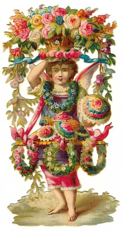 Victorian die-cut scrap of winged child with flower basket