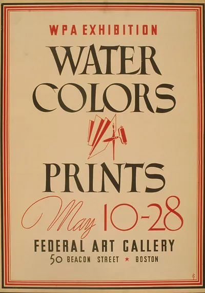 WPA Exhibition Water Colors Prints poster, Federal Art Gallery Boston