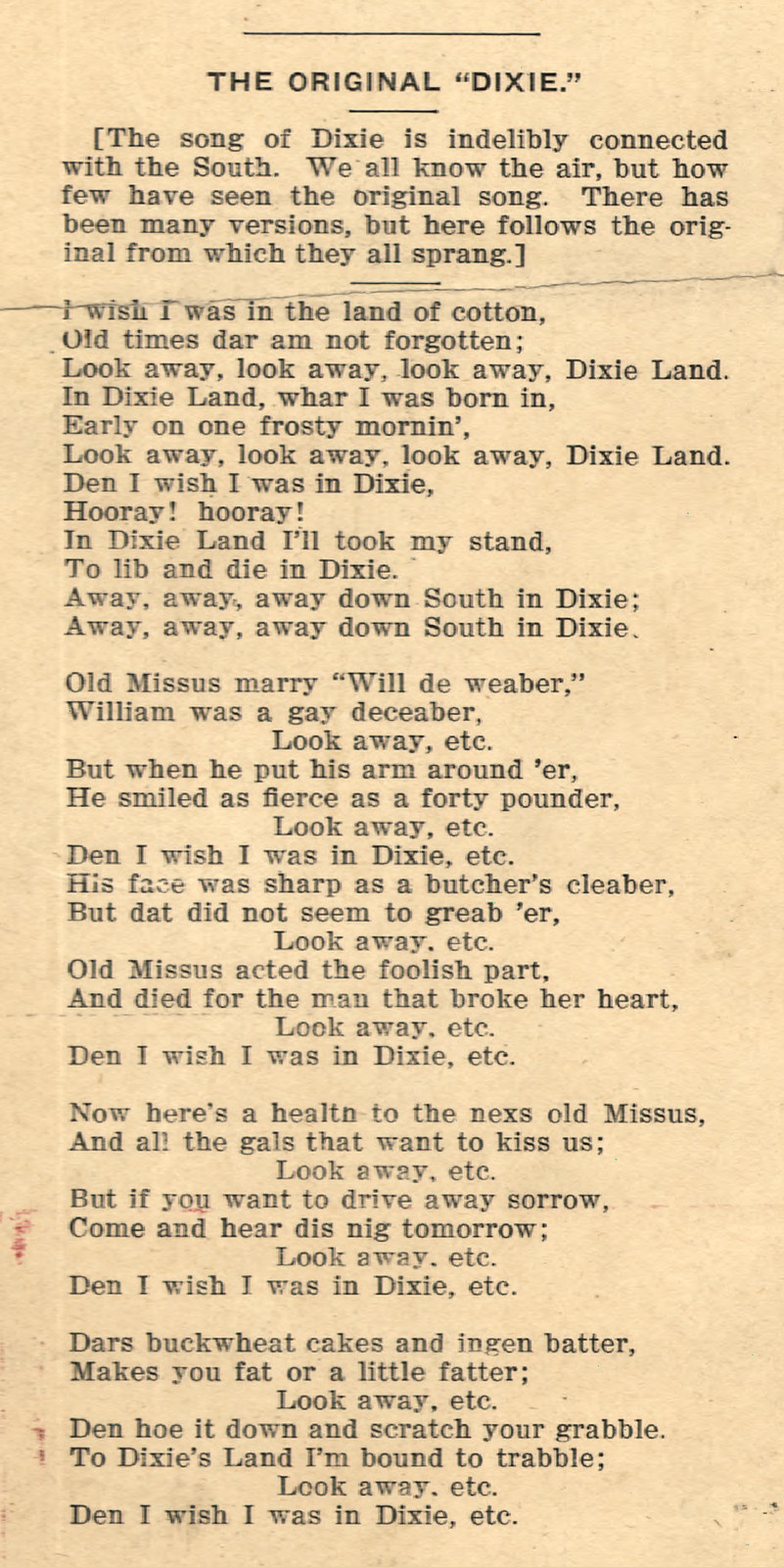 The Original \"Dixie\" song lyrics — historic image
